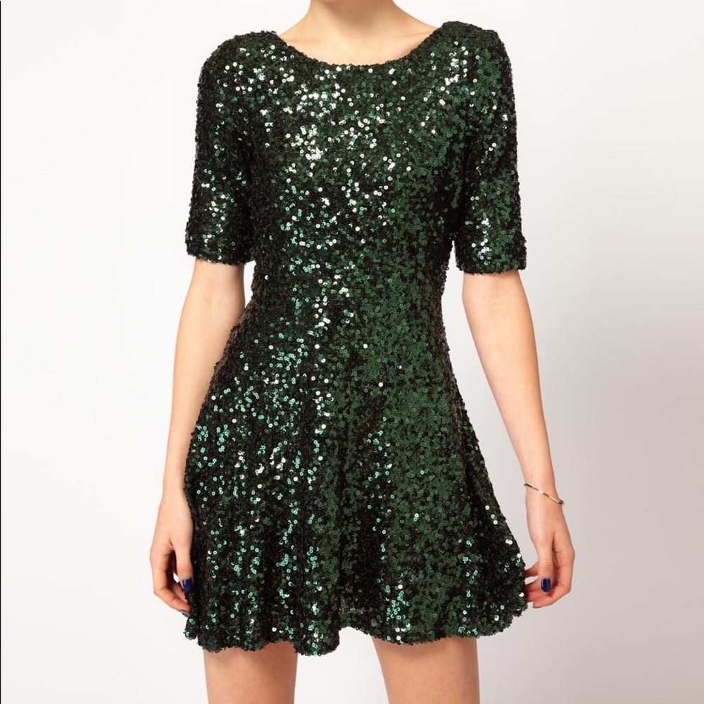 French Connection Green Sequin Skater Dress